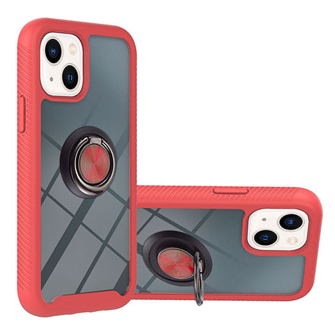 Coque Contour Silicone et Plastique Housse Etui Mat avec Magnetique Support Bague Anneau YB1 pour Apple iPhone 14 Rouge