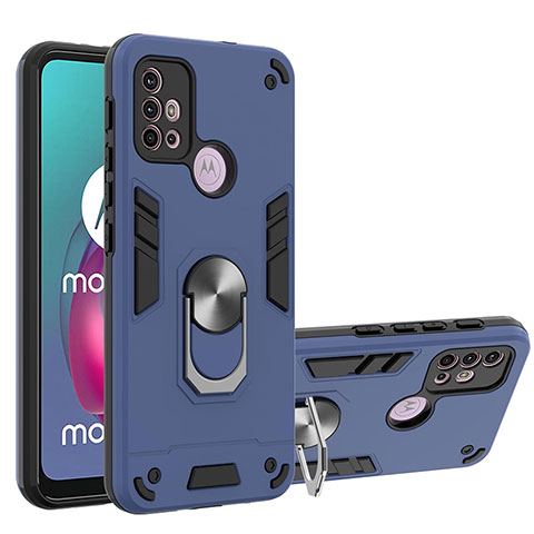 Coque Contour Silicone et Plastique Housse Etui Mat avec Magnetique Support Bague Anneau YB1 pour Motorola Moto G10 Bleu