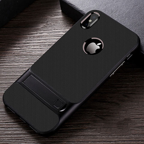 Coque Contour Silicone et Plastique Housse Etui Mat avec Support A01 pour Apple iPhone X Noir