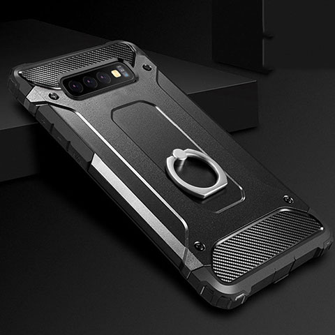Coque Contour Silicone et Plastique Housse Etui Mat avec Support Bague Anneau H01 pour Samsung Galaxy S10 Noir