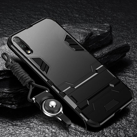 Coque Contour Silicone et Plastique Housse Etui Mat avec Support pour Huawei Enjoy 10 Noir
