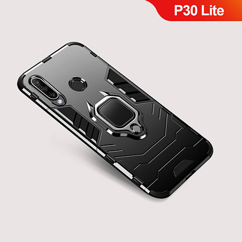 Coque Contour Silicone et Plastique Housse Etui Mat avec Support pour Huawei P30 Lite New Edition Noir