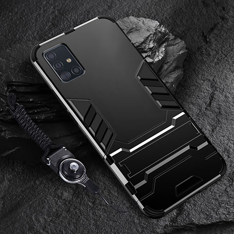 Coque Contour Silicone et Plastique Housse Etui Mat avec Support pour Samsung Galaxy A51 5G Noir