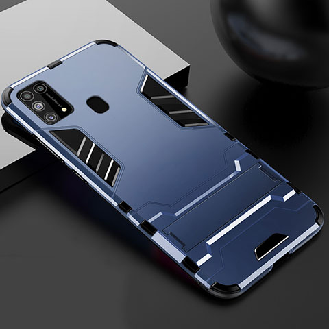 Coque Contour Silicone et Plastique Housse Etui Mat avec Support pour Samsung Galaxy M21s Bleu