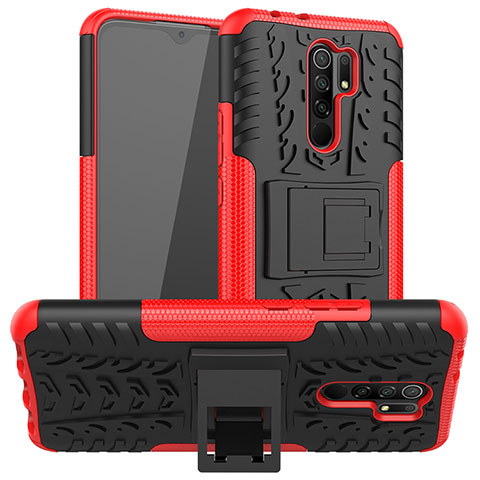Coque Contour Silicone et Plastique Housse Etui Mat avec Support pour Xiaomi Redmi 9 Rouge