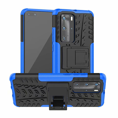 Coque Contour Silicone et Plastique Housse Etui Mat avec Support R01 pour Huawei P40 Pro Bleu