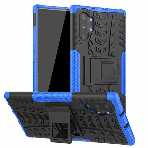 Coque Contour Silicone et Plastique Housse Etui Mat avec Support R01 pour Samsung Galaxy Note 10 Plus 5G Bleu