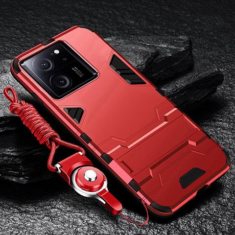Coque Contour Silicone et Plastique Housse Etui Mat avec Support R01 pour Xiaomi Mi 13T 5G Rouge