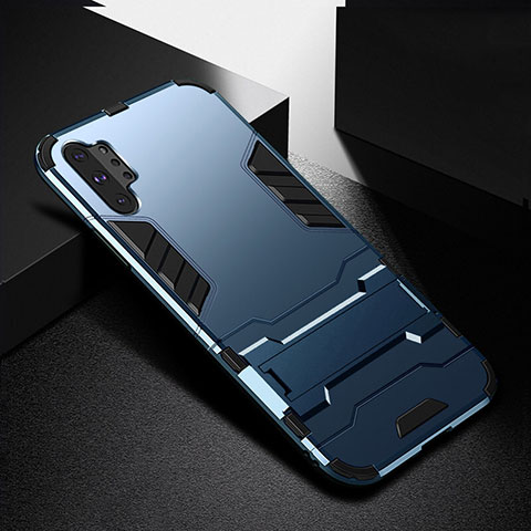 Coque Contour Silicone et Plastique Housse Etui Mat avec Support R02 pour Samsung Galaxy Note 10 Plus 5G Bleu