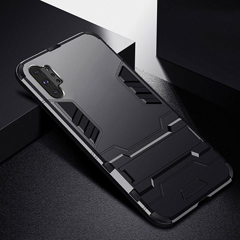 Coque Contour Silicone et Plastique Housse Etui Mat avec Support R02 pour Samsung Galaxy Note 10 Plus 5G Noir