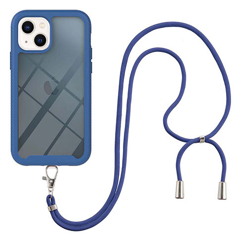 Coque Contour Silicone et Plastique Housse Etui Protection Integrale 360 Degres avec Laniere Strap pour Apple iPhone 13 Bleu