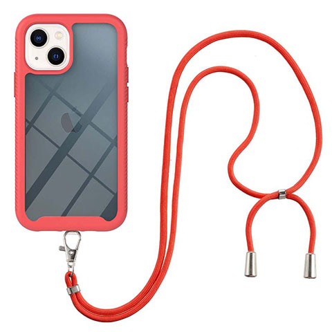 Coque Contour Silicone et Plastique Housse Etui Protection Integrale 360 Degres avec Laniere Strap pour Apple iPhone 14 Rouge