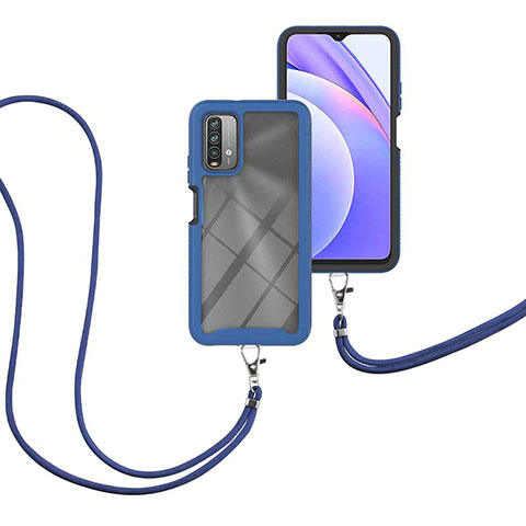 Coque Contour Silicone et Plastique Housse Etui Protection Integrale 360 Degres avec Laniere Strap pour Xiaomi Redmi 9T 4G Bleu