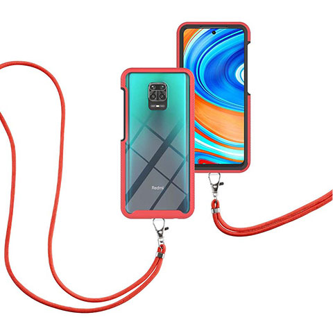 Coque Contour Silicone et Plastique Housse Etui Protection Integrale 360 Degres avec Laniere Strap pour Xiaomi Redmi Note 9 Pro Rouge