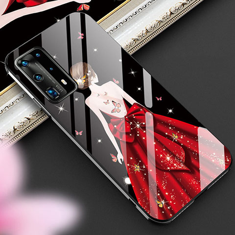 Coque Contour Silicone et Vitre Dos de Fille Miroir Etui Housse pour Huawei P40 Pro+ Plus Rouge