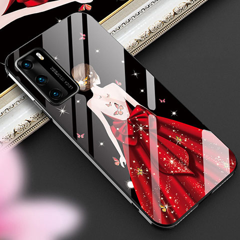 Coque Contour Silicone et Vitre Dos de Fille Miroir Etui Housse pour Huawei P40 Rouge et Noir