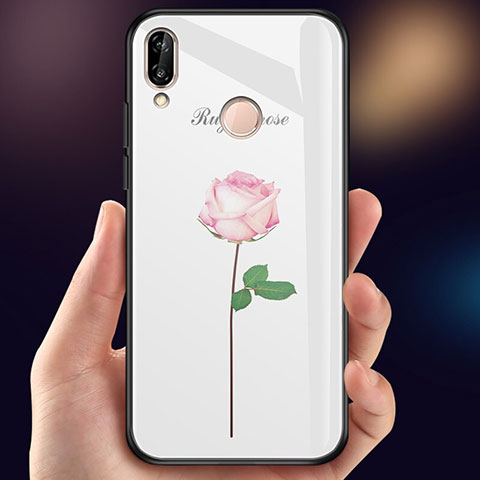 Coque Contour Silicone et Vitre Fleurs Miroir Etui Housse pour Huawei P20 Lite Rose