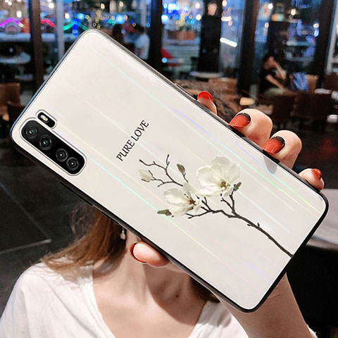 Coque Contour Silicone et Vitre Fleurs Miroir Etui Housse pour Huawei P40 Lite 5G Blanc