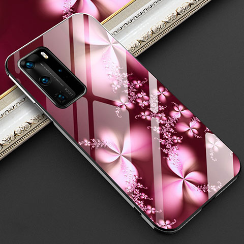 Coque Contour Silicone et Vitre Fleurs Miroir Etui Housse pour Huawei P40 Pro Rouge