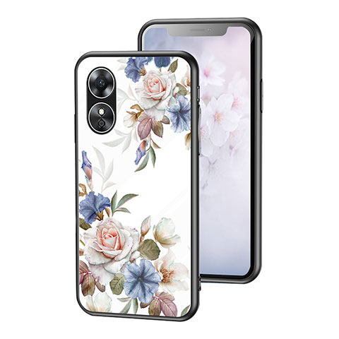 Coque Contour Silicone et Vitre Fleurs Miroir Etui Housse pour Oppo A17 Blanc