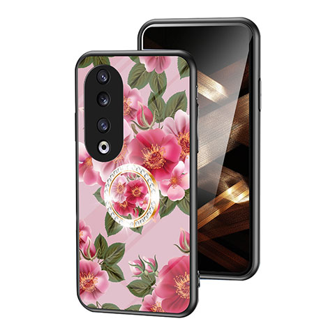Coque Contour Silicone et Vitre Fleurs Miroir Etui Housse S01 pour Huawei Honor 90 Pro 5G Rouge