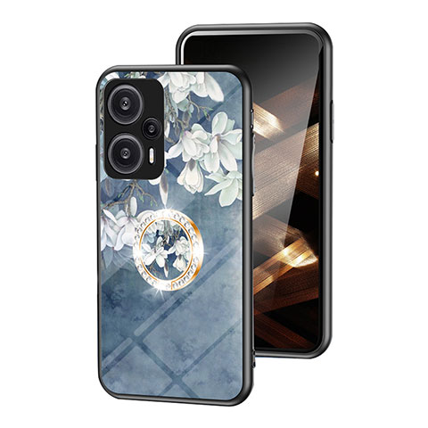 Coque Contour Silicone et Vitre Fleurs Miroir Etui Housse S01 pour Xiaomi Poco F5 5G Bleu