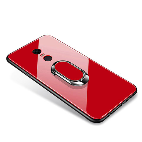 Coque Contour Silicone et Vitre Miroir Housse Etui avec Support Bague Anneau pour Xiaomi Redmi 5 Plus Rouge
