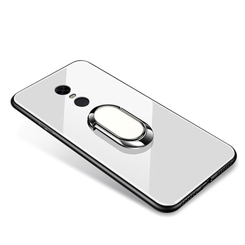 Coque Contour Silicone et Vitre Miroir Housse Etui avec Support Bague Anneau pour Xiaomi Redmi Note 5 Indian Version Blanc