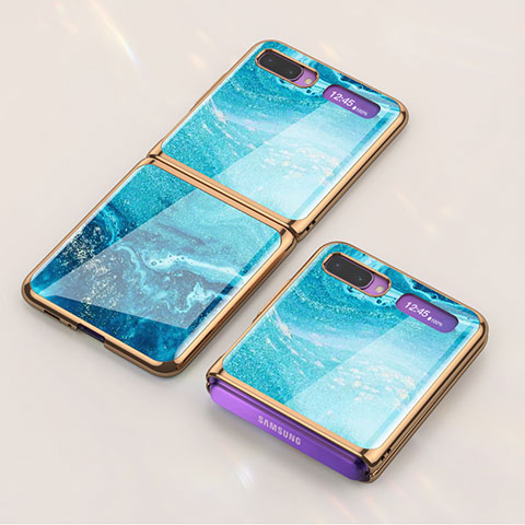 Coque Contour Silicone et Vitre Motif Fantaisie Miroir Etui Housse pour Samsung Galaxy Z Flip 5G Bleu Ciel