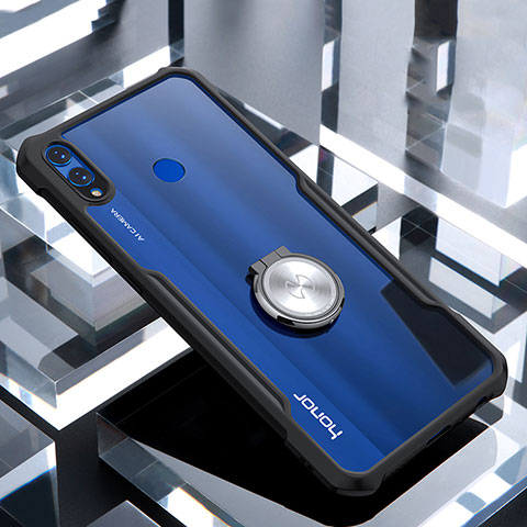 Coque Contour Silicone et Vitre Transparente Miroir 360 Degres avec Support Bague Anneau Aimante Magnetique pour Huawei Honor 8X Noir