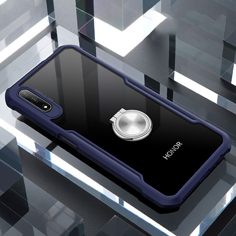 Coque Contour Silicone et Vitre Transparente Miroir 360 Degres avec Support Bague Anneau Aimante Magnetique pour Huawei Honor 9X Bleu