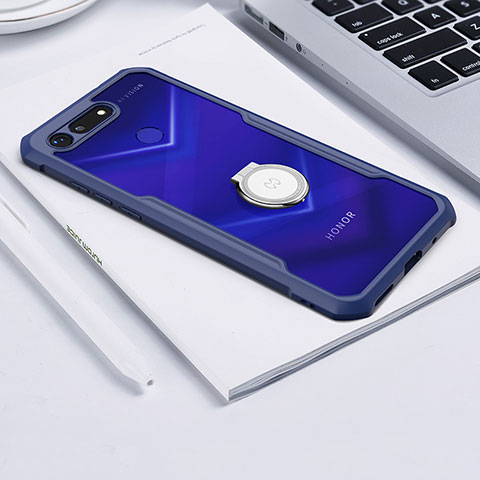 Coque Contour Silicone et Vitre Transparente Miroir 360 Degres avec Support Bague Anneau Aimante Magnetique pour Huawei Honor V20 Bleu