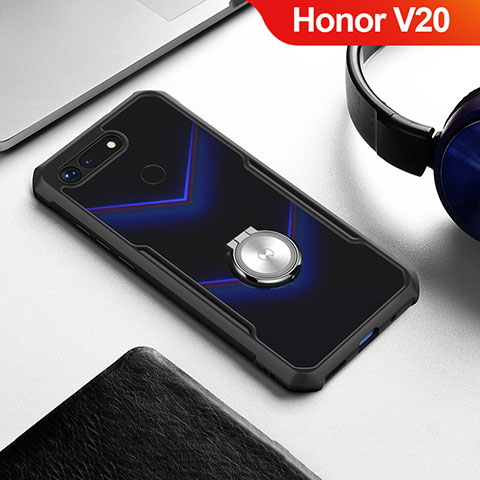 Coque Contour Silicone et Vitre Transparente Miroir 360 Degres avec Support Bague Anneau Aimante Magnetique pour Huawei Honor V20 Noir