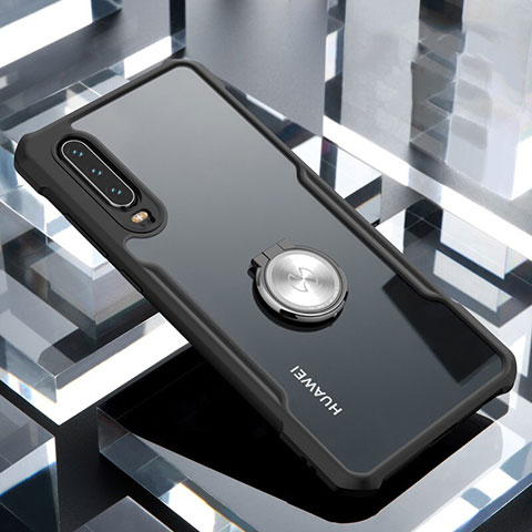 Coque Contour Silicone et Vitre Transparente Miroir 360 Degres avec Support Bague Anneau Aimante Magnetique pour Huawei P30 Noir