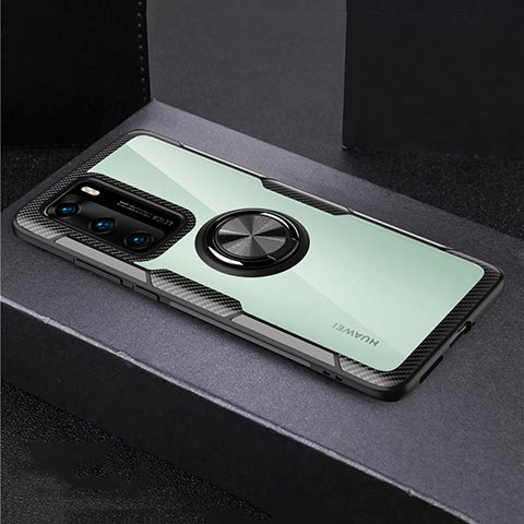 Coque Contour Silicone et Vitre Transparente Miroir 360 Degres avec Support Bague Anneau Aimante Magnetique pour Huawei P40 Noir