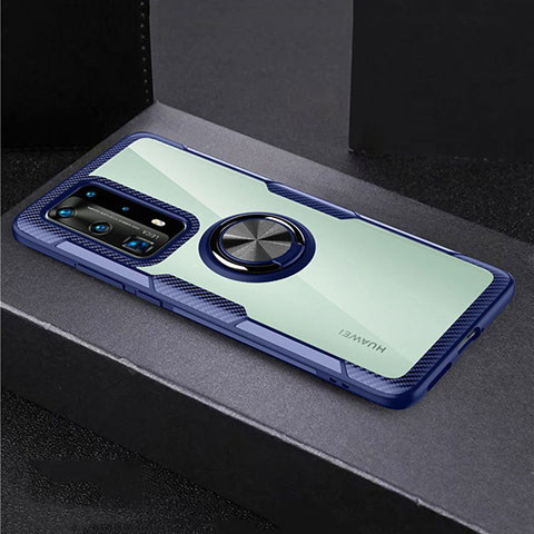Coque Contour Silicone et Vitre Transparente Miroir 360 Degres avec Support Bague Anneau Aimante Magnetique pour Huawei P40 Pro+ Plus Bleu