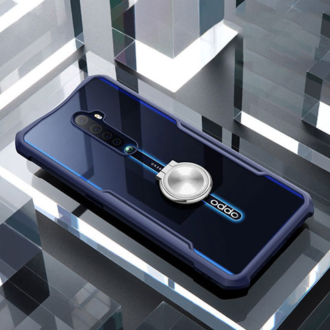 Coque Contour Silicone et Vitre Transparente Miroir 360 Degres avec Support Bague Anneau Aimante Magnetique pour Oppo Reno2 Bleu