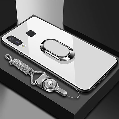 Coque Contour Silicone et Vitre Transparente Miroir 360 Degres avec Support Bague Anneau Aimante Magnetique pour Samsung Galaxy A6s Blanc