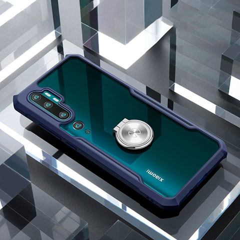 Coque Contour Silicone et Vitre Transparente Miroir 360 Degres avec Support Bague Anneau Aimante Magnetique pour Xiaomi Mi Note 10 Bleu