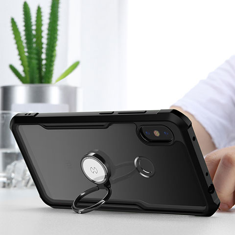 Coque Contour Silicone et Vitre Transparente Miroir 360 Degres avec Support Bague Anneau Aimante Magnetique pour Xiaomi Redmi Note 6 Pro Noir