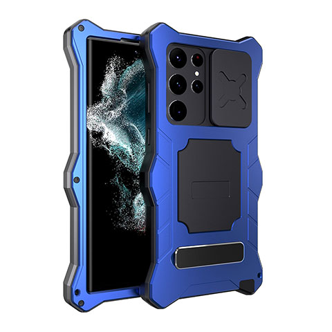 Coque Etanche Contour Silicone et Plastique Housse Etui Waterproof 360 Degres avec Support T01 pour Samsung Galaxy S23 Ultra 5G Bleu