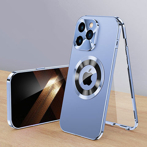 Coque Luxe Aluminum Metal Housse Etui 360 Degres avec Mag-Safe Magnetic Magnetique P01 pour Apple iPhone 13 Pro Bleu