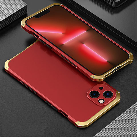 Coque Luxe Aluminum Metal Housse Etui 360 Degres pour Apple iPhone 14 Or et Rouge