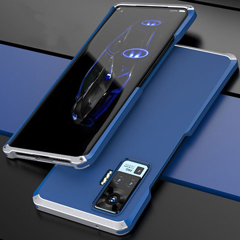 Coque Luxe Aluminum Metal Housse Etui pour Vivo X50 Pro 5G Argent et Bleu
