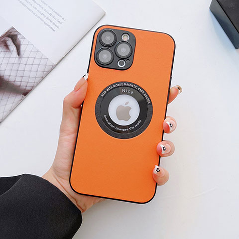 Coque Luxe Cuir Housse Etui avec Mag-Safe Magnetic Magnetique QC3 pour Apple iPhone 13 Pro Max Orange
