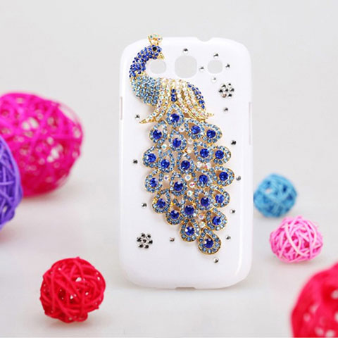 Coque Luxe Strass Diamant Bling Paon pour Samsung Galaxy S3 III LTE 4G Bleu
