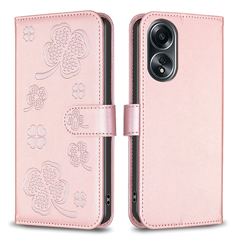 Coque Portefeuille Fleurs Livre Cuir Etui Clapet BF1 pour Oppo A38 Or Rose