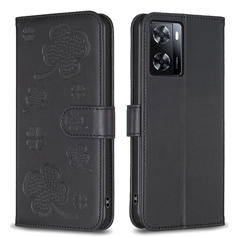 Coque Portefeuille Fleurs Livre Cuir Etui Clapet BF1 pour Oppo A77 4G Noir