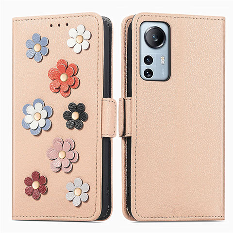 Coque Portefeuille Fleurs Livre Cuir Etui Clapet L01 pour Xiaomi Mi 12X 5G Or