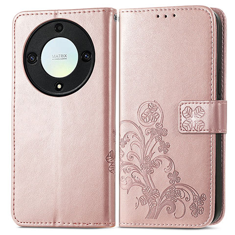 Coque Portefeuille Fleurs Livre Cuir Etui Clapet pour Huawei Honor Magic5 Lite 5G Or Rose